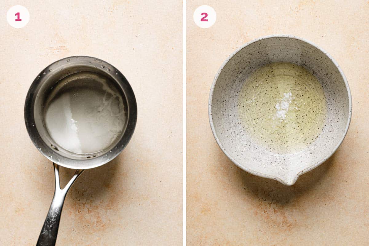 A saucepan on the left with the number 1 in the corner and a mixing bowl with egg whites on the right with the number 2 in the corner.