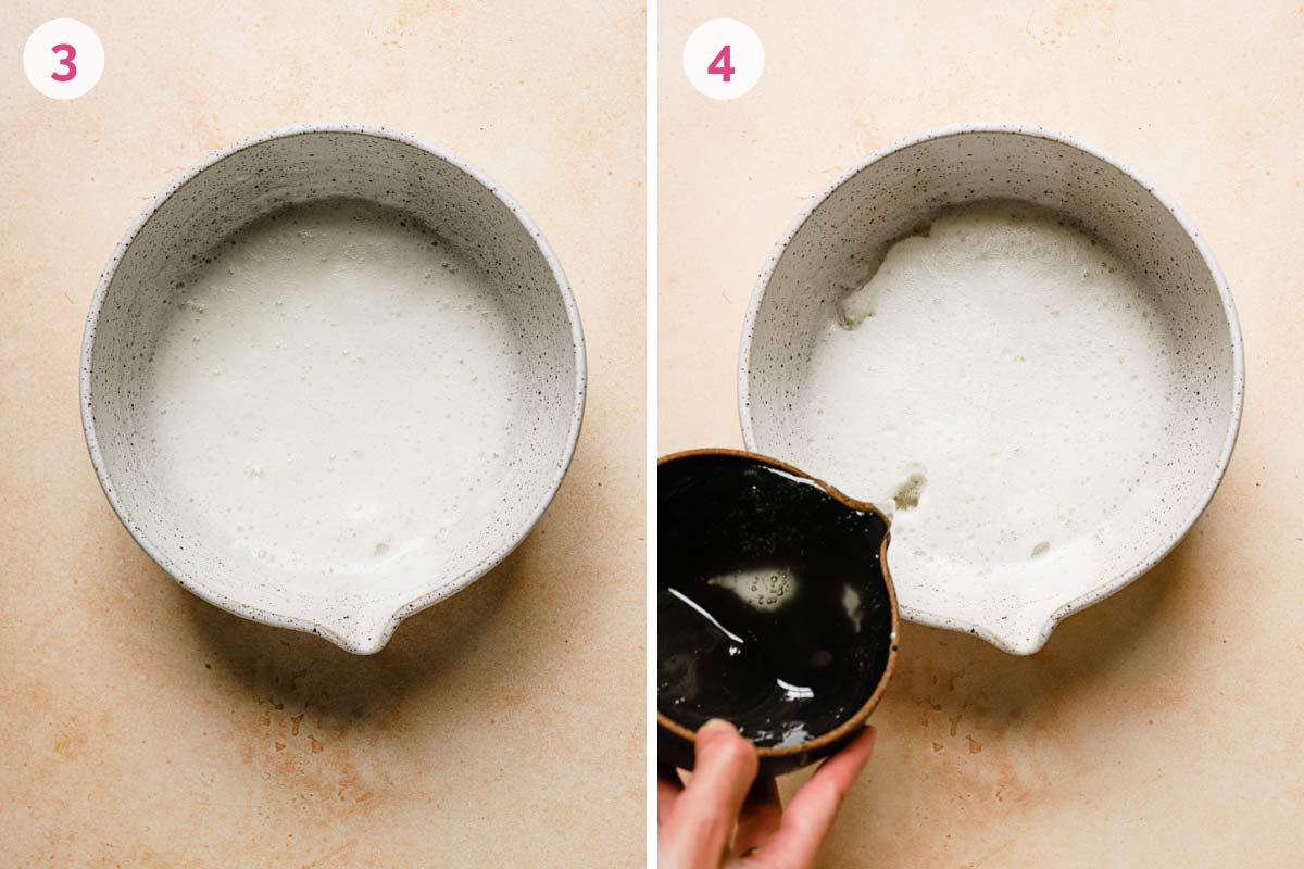 A mixing bowl with stiff egg whites on the left with the number 3 in the corner and a mixing bowl on the right with the boiling sugar being poured in with the number 4 in the corner.