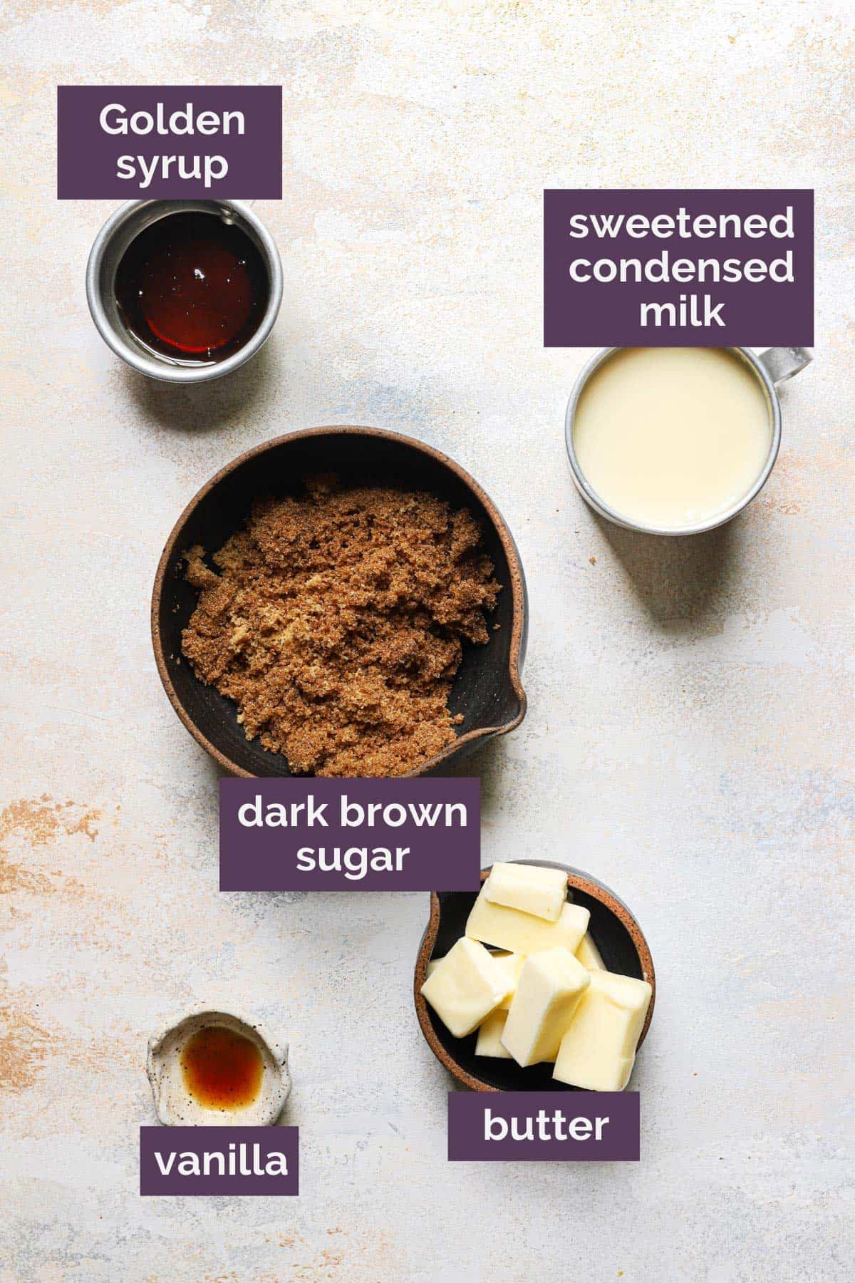 Ingredients for the caramel filling with labels for each ingredient in purple.