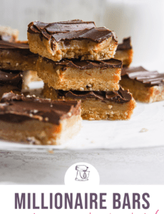 A parchment paper topped with square millionaire bars with the words Millionaire Bars crust, caramel, chocolate at the bottom.