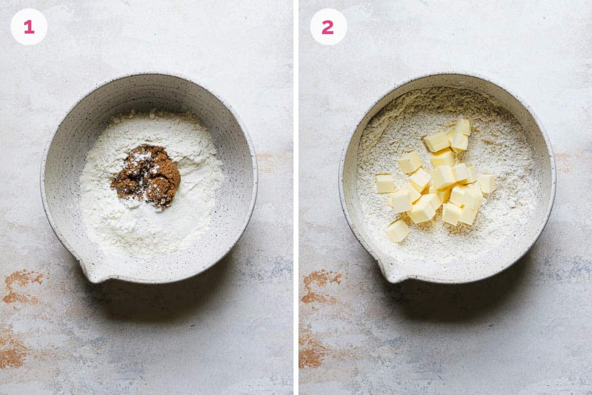 Two side by side photos of the steps for making the crust.