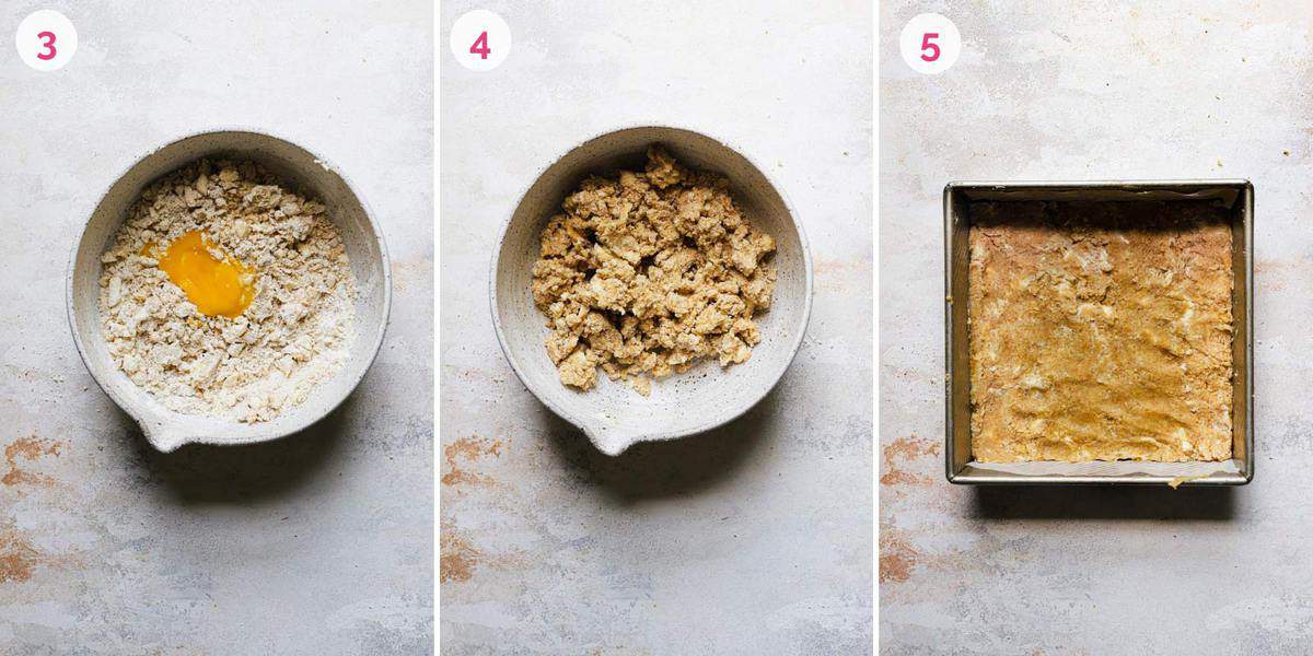 Three side by side photos of adding the egg yolk on the left, binding the crust in the middle, and pressing the crust into the pan on the right.