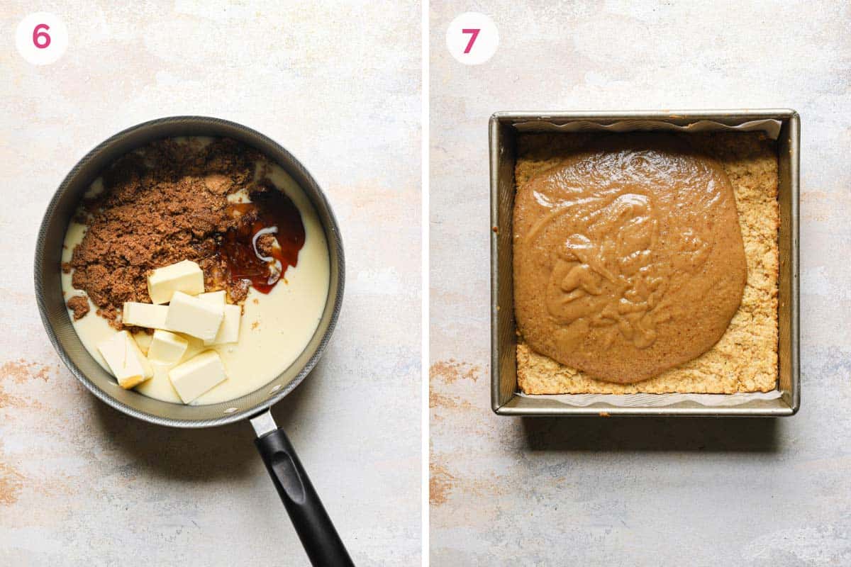 Two side by side photos of the steps for making the caramel sauce with the melting of the sauce in the pan on the left and pouring the sauce on the shortbread on the right.
