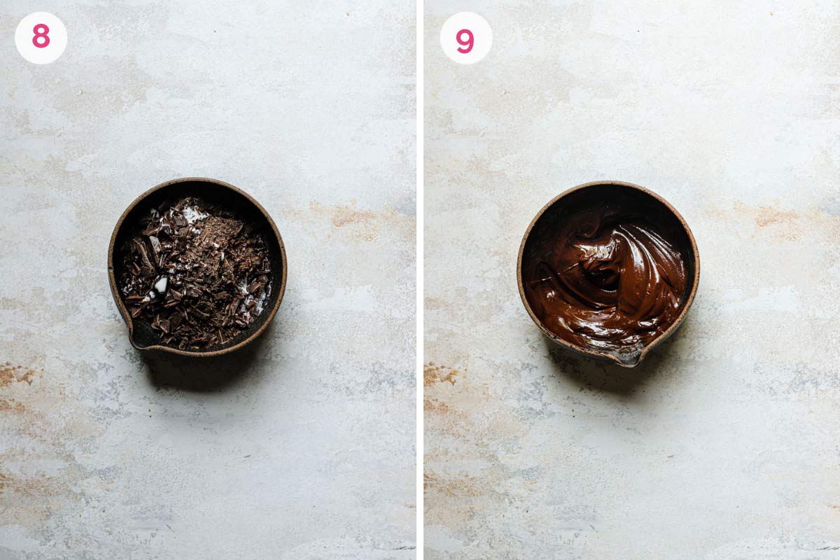 Two side by side photos of how to make the chocolate ganache with the unmelted ganache on the left and the melted ganache on the right.
