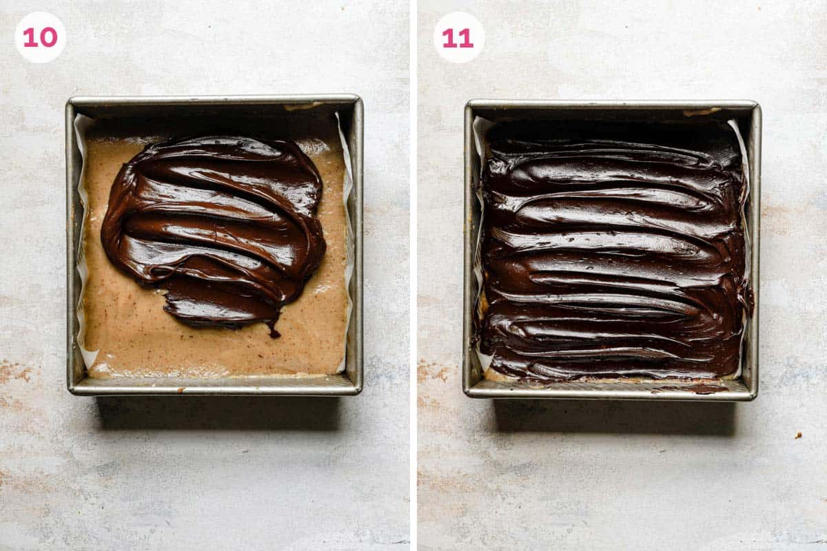 Two side by side photos of topping the millionaire's shortbread with the ganache poured on the left and the ganache spread over the bars on the right.