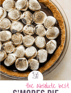 A s'mores pie on a peach counter with the words The Absolute Best S'mores Pie at the bottom.
