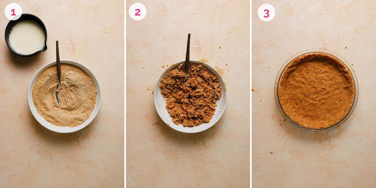 Three side by side photos of the steps for making the graham cracker crust.