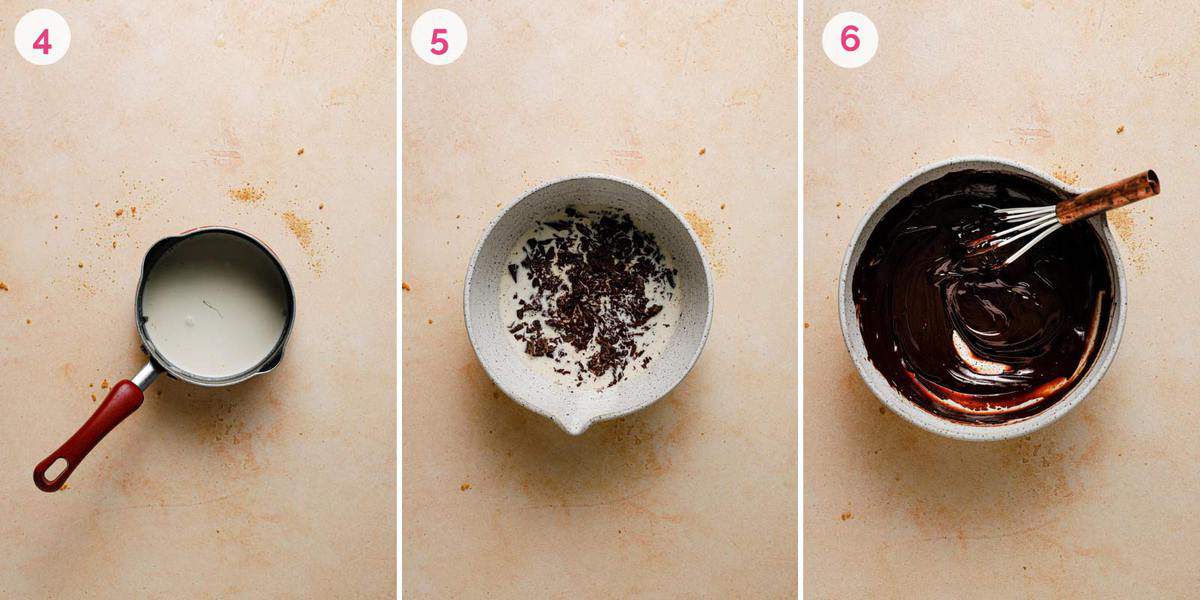 Three side by side photos of making the chocolate ganache filling.