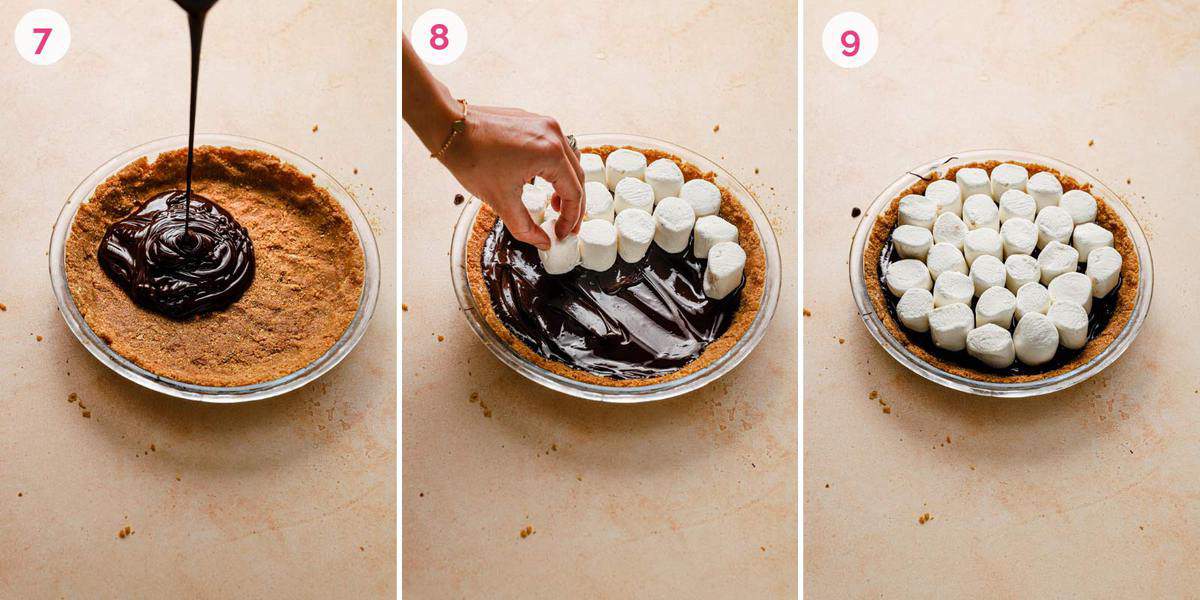 Three side by side photos of assembling the no-bake s'mores pie.