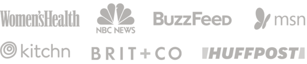 Press logos: Women's Health, NBC News, HuffPost, The Kitchen, MSN, Brit+Co, Buzzfeed