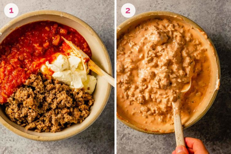 A white bowl on the left with the ingredients for sausage dip before mixing together and the number 1 and a bowl on the right with the fully mixed sausage dip on the right with a hand holding the spoon and the number 2.