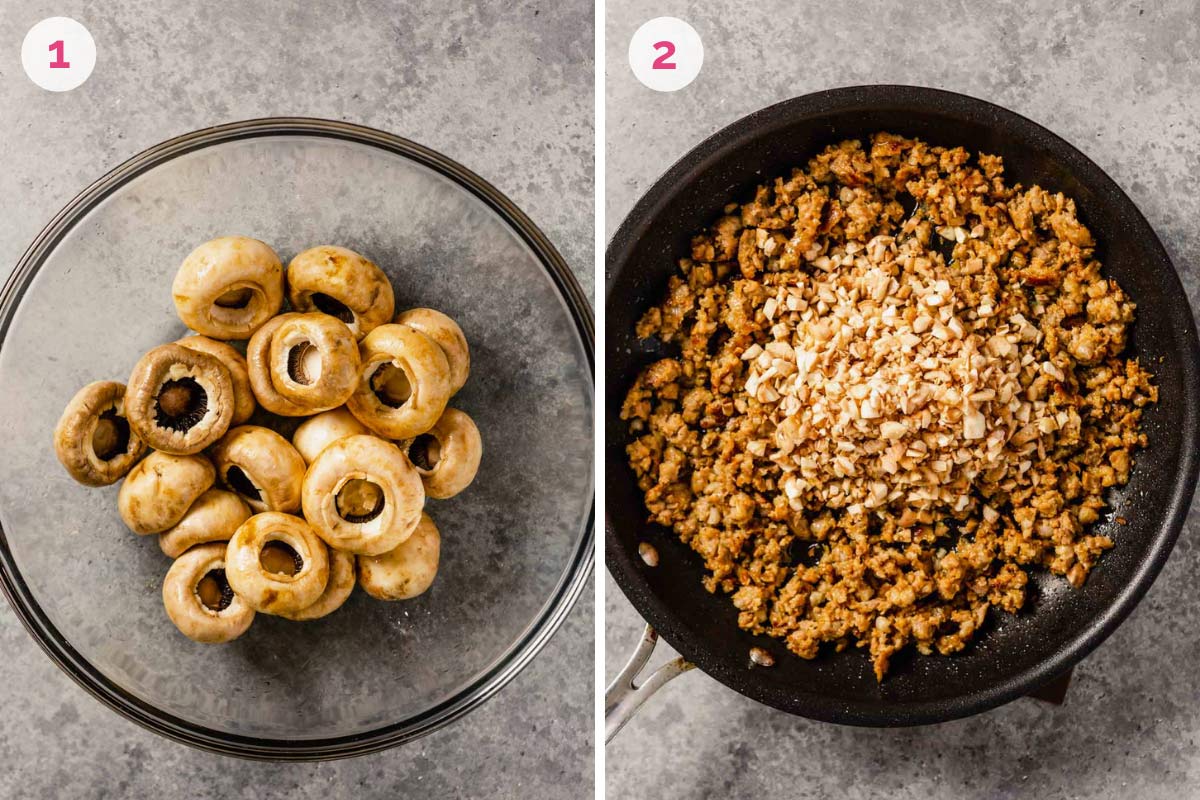 A photo on the left with a glass bowl of mushroom caps and the number 1 next to a photo on the right with a skillet showing the sausage being cooked with the number 2.