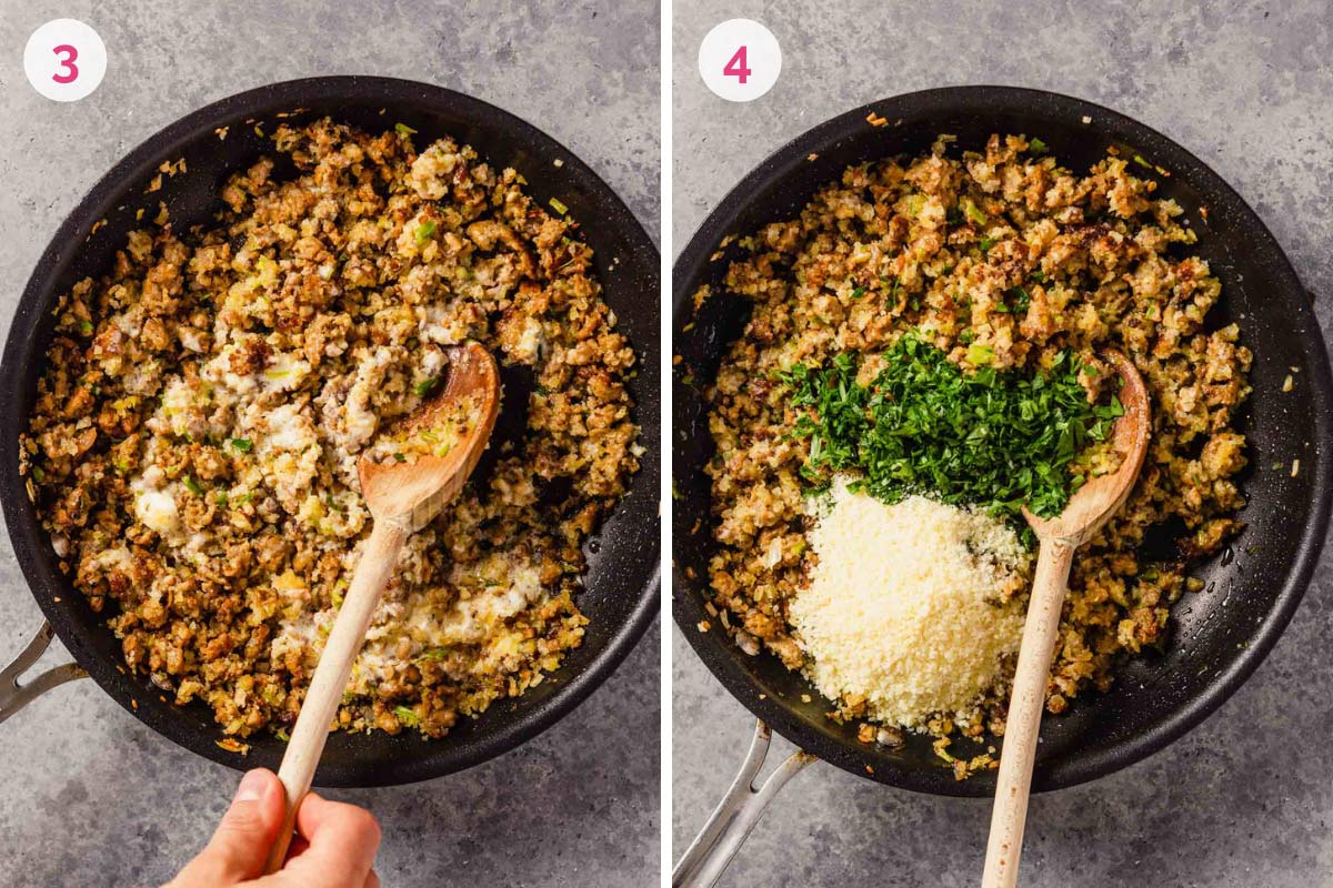 A photo on the left with the mascarpone added to the sausage on the left with the number 3 and a skillet with the seasoning added to the sausage on the right with the number 4.