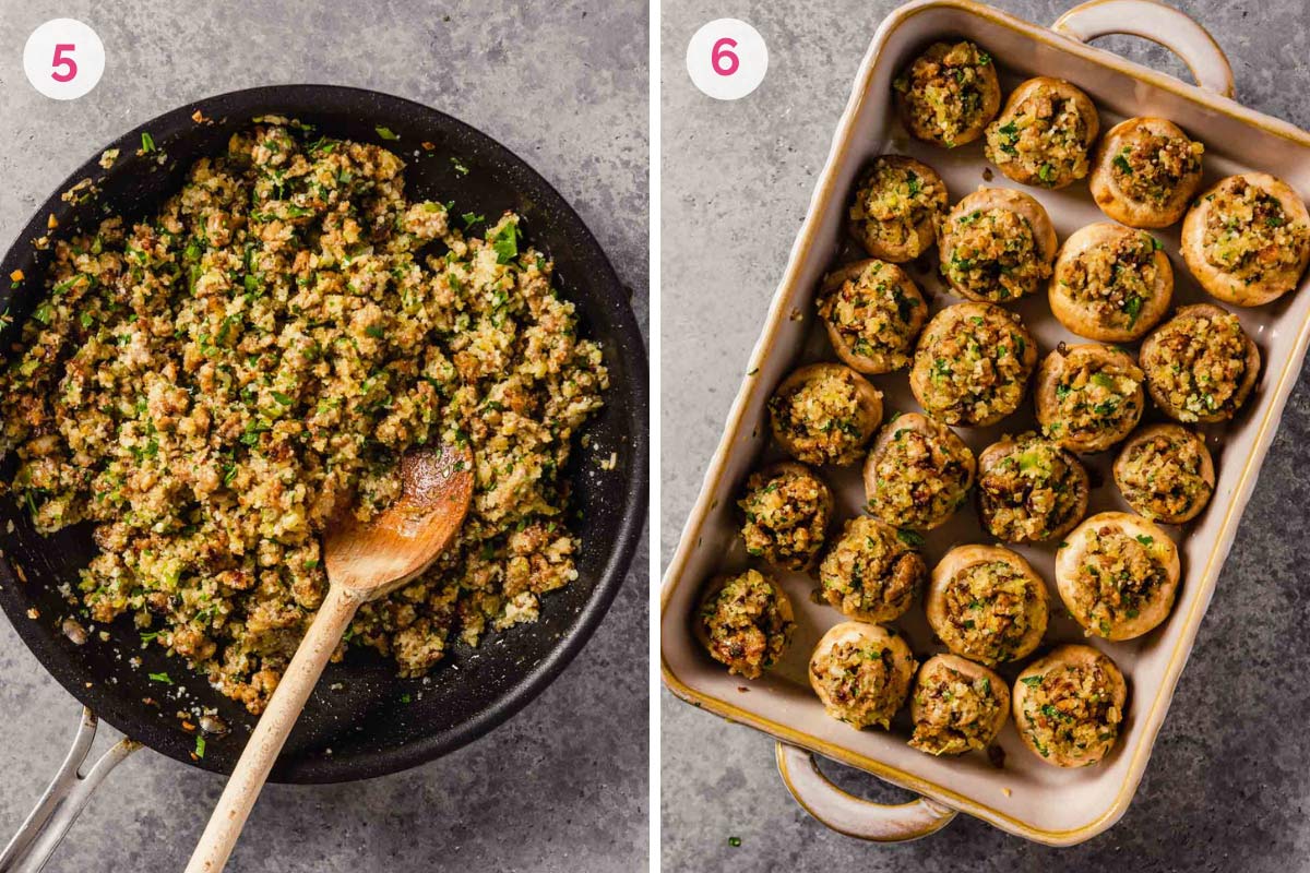 A skillet on the left with the number 5 showing the sausage filling all mixed together and a photo on the right showing the stuffed mushrooms in a baking dish with the number 6.