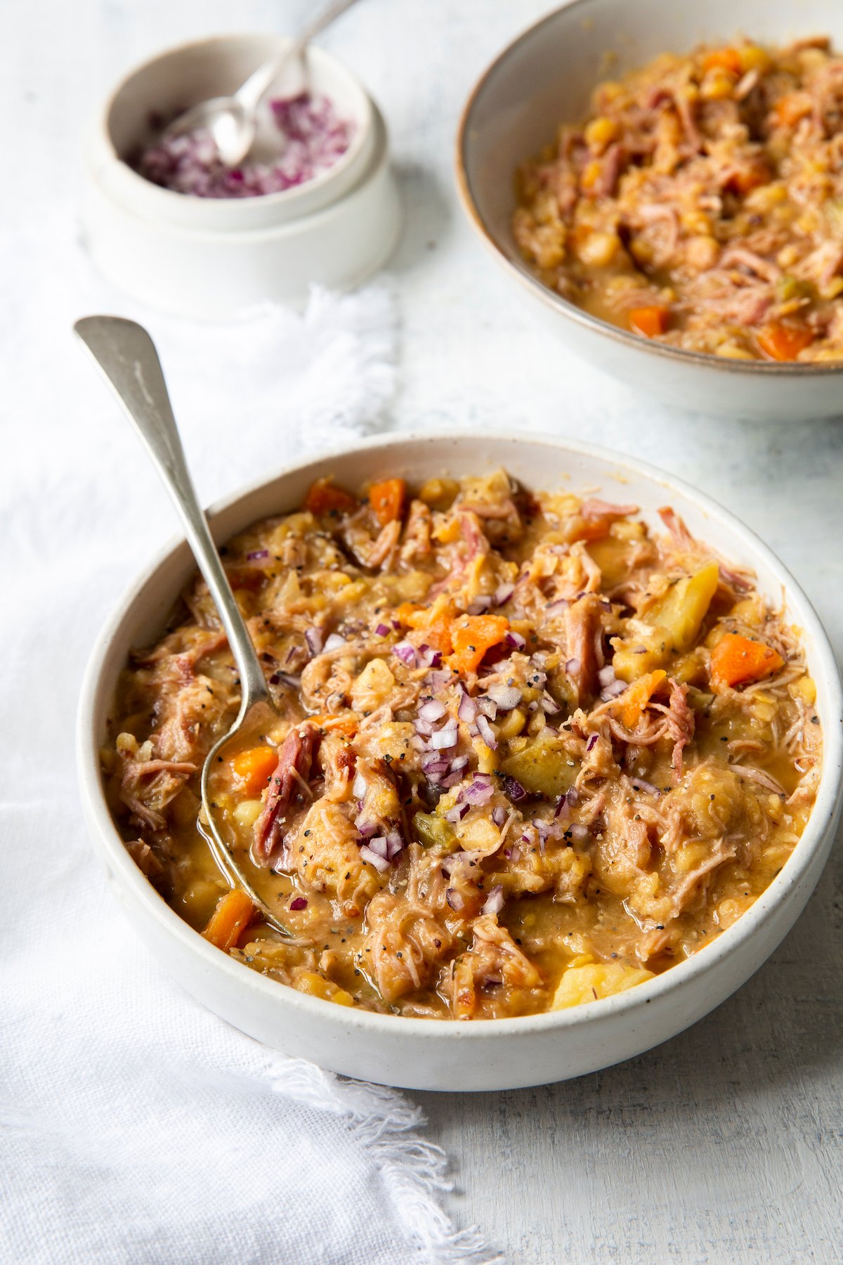 Two bowls of Ham and Split Pea Soup
