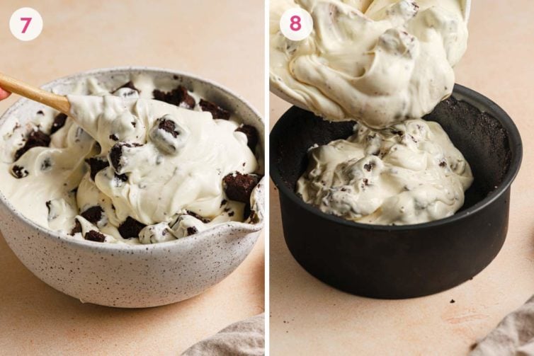 step-by-step photos of preparing the brownie cheesecake to be baked
