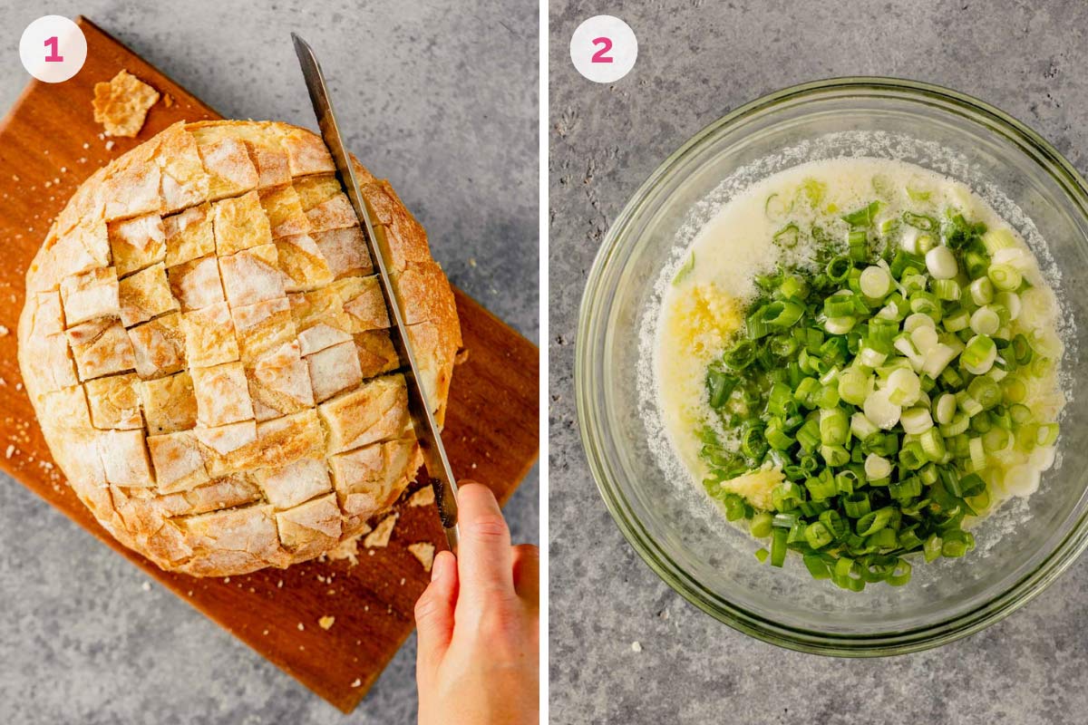 Round loaf of bread cut into cubes and bowl of melted butter with green onions.