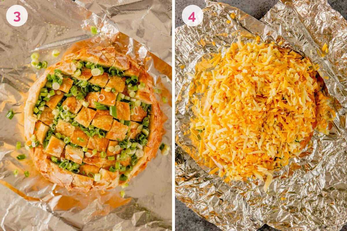 Round loaf of bread cut into hash pattern and stuffed with shredded cheese.