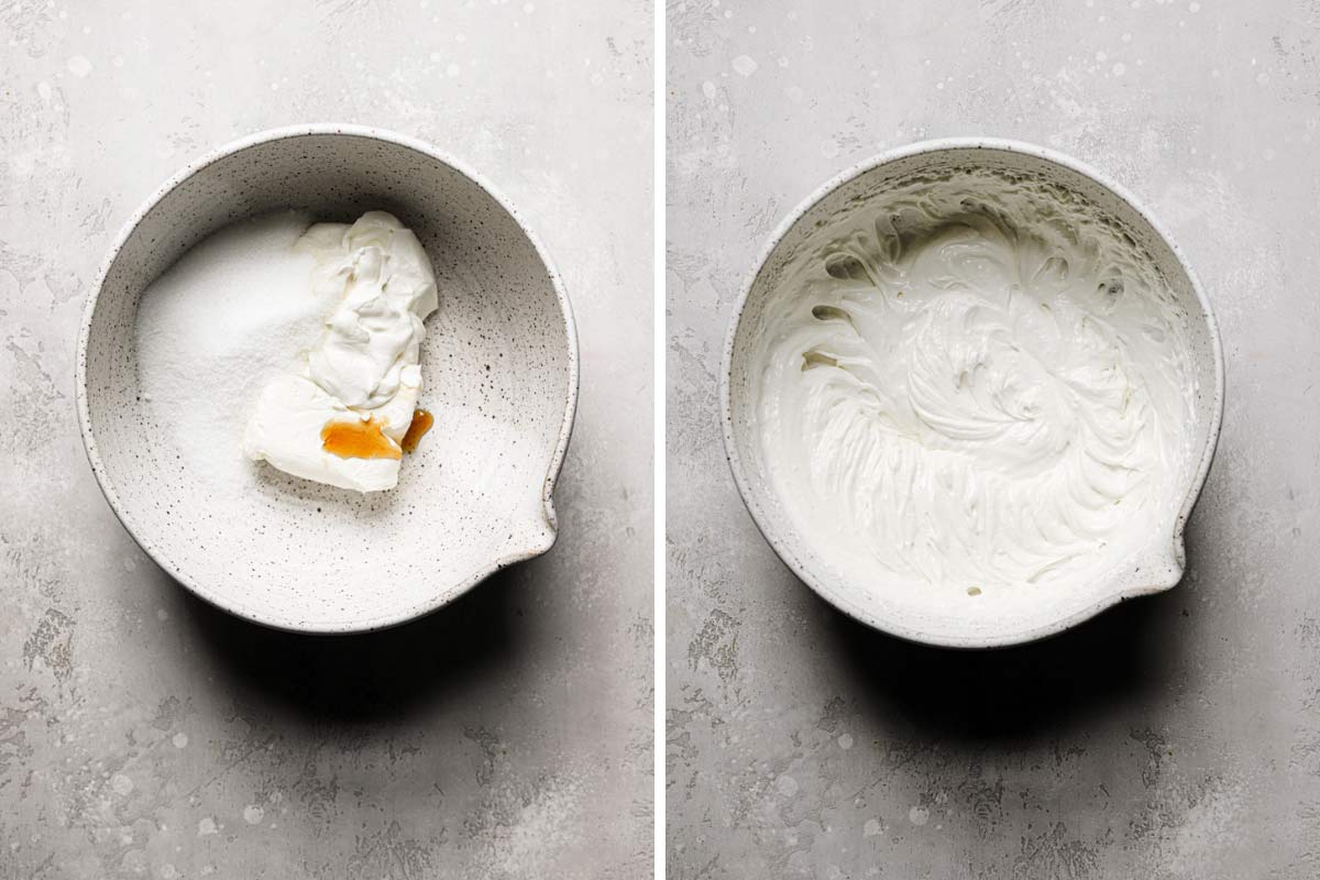 a side by side image of the ingredients and mixing of this homemade cream cheese dressing for easy grape salad