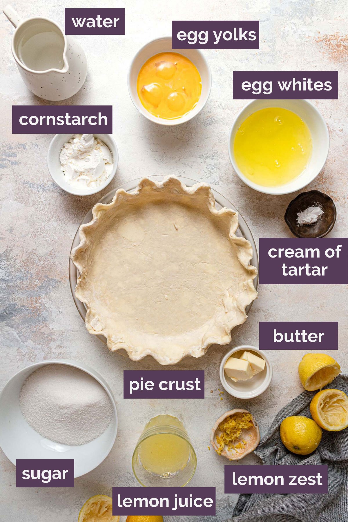 Ingredients for lemon meringue pie prepped and labeled.