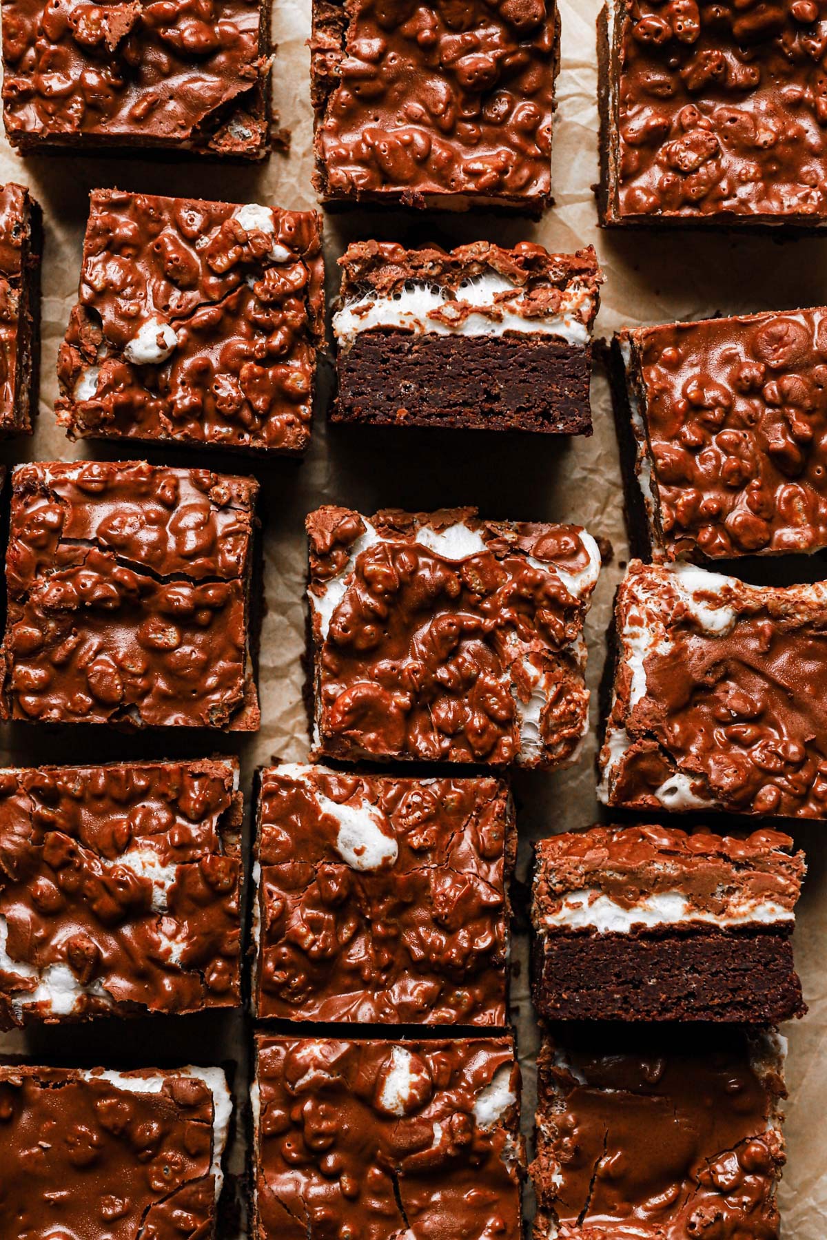 a baking sheet of these fudgey marshmallow crunch brownie bars