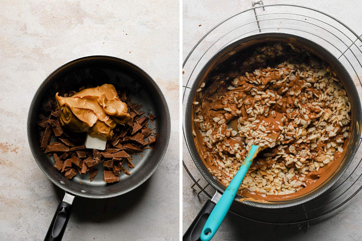 the chocolate peanut butter rice krispies layer of these marshmallow crunch brownie barsa