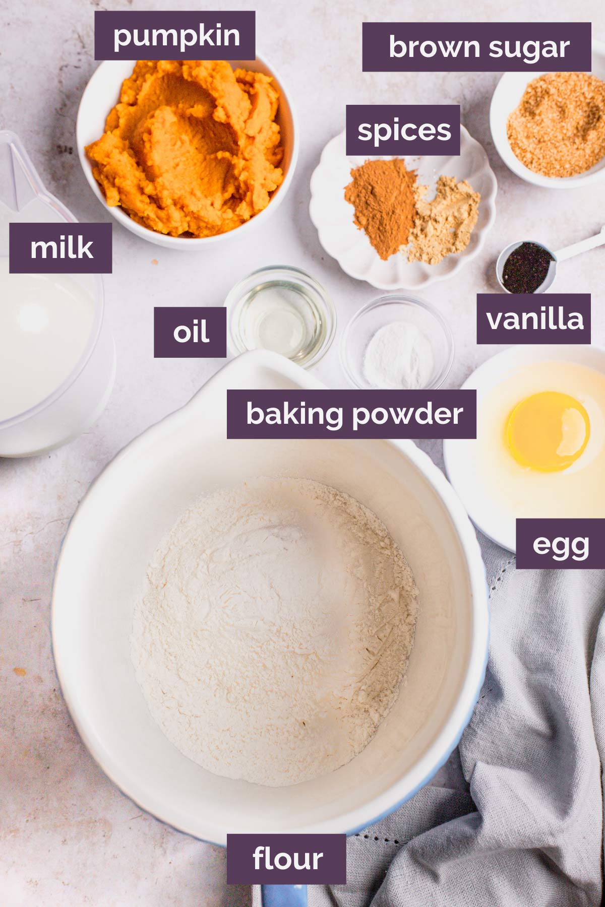 Ingredients for pumpkin pancakes prepped in bowls and labeled.