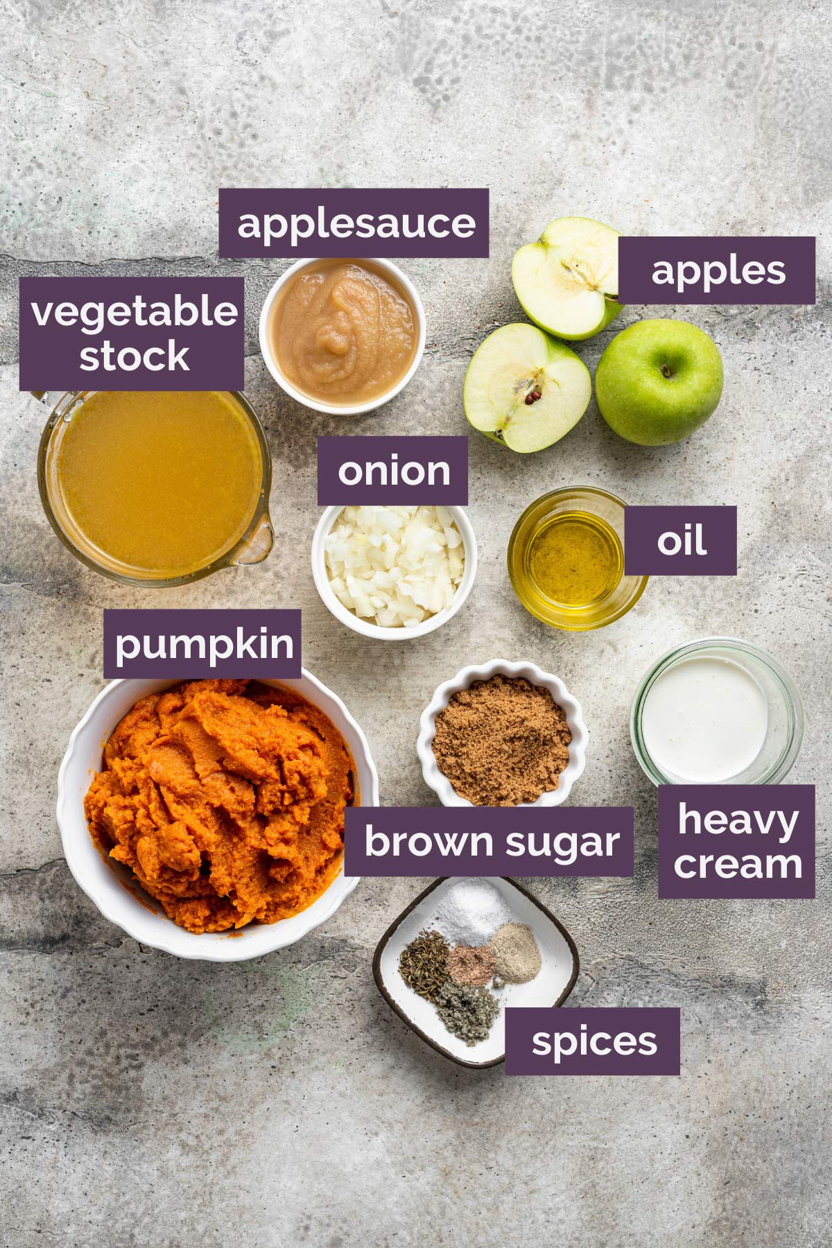 Ingredients for pumpkin soup prepped on the counter and labeled.