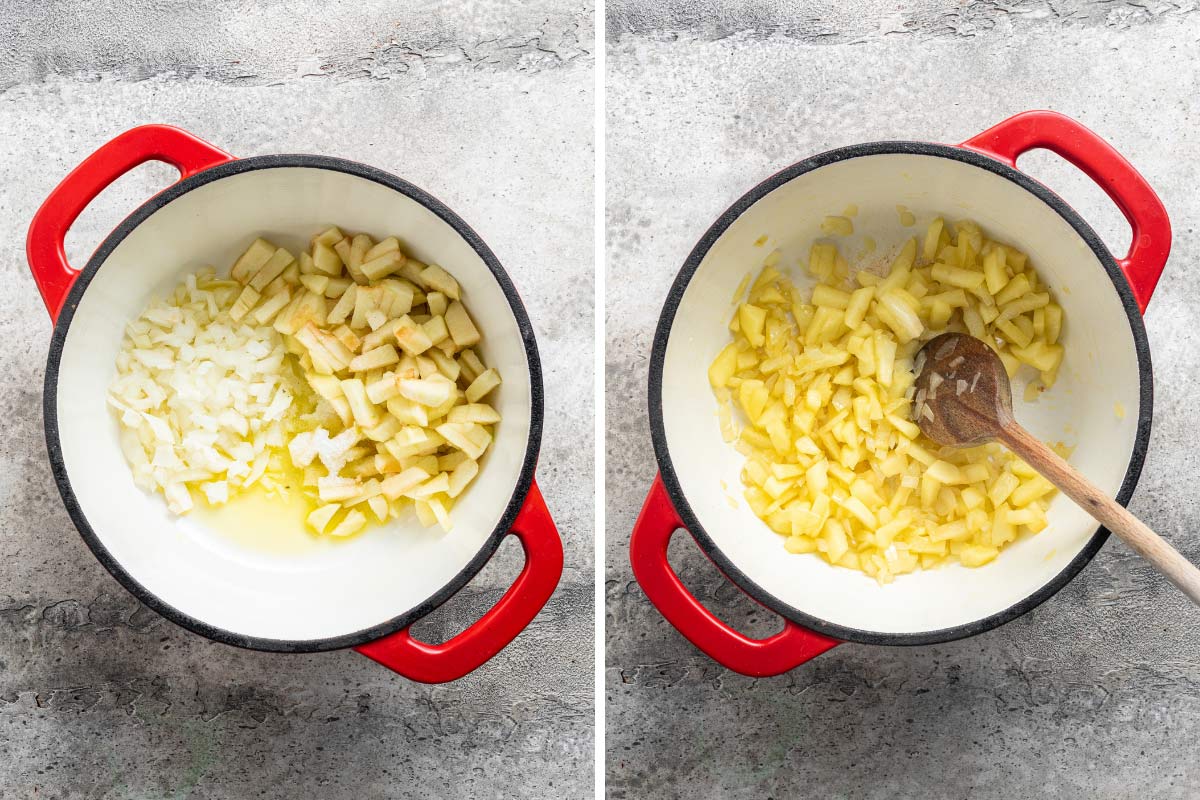 Chopped apple and onions being sauteed in a Dutch oven.