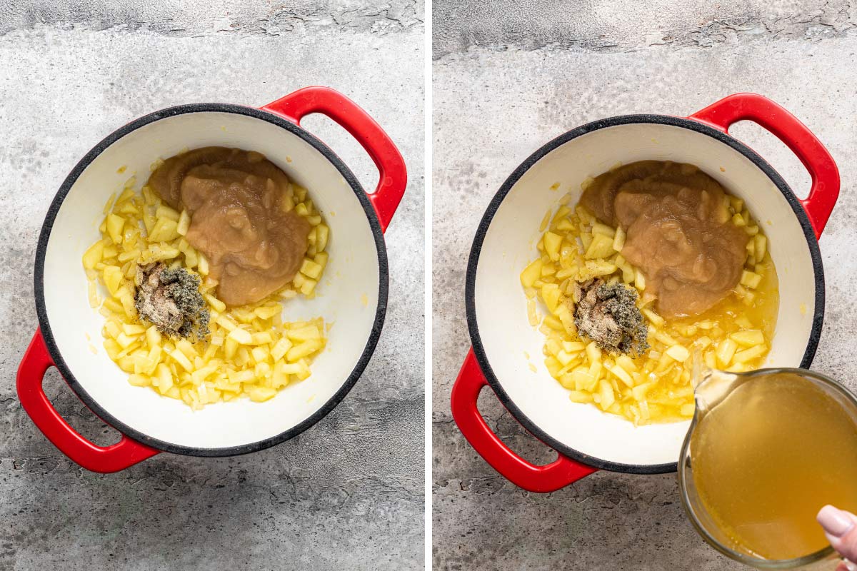 Pumpkin soup ingredients added to a Dutch oven, then stock poured in.