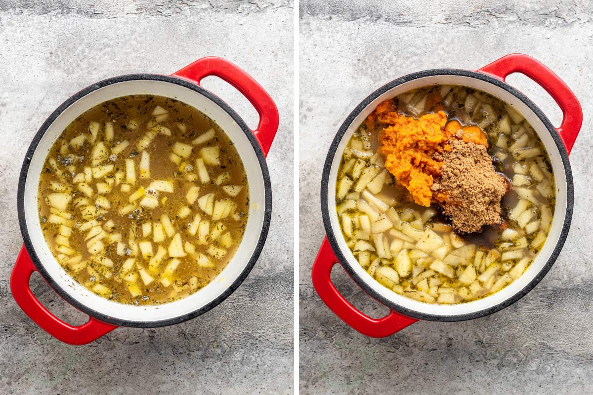 Pumpkin and brown sugar being added to pumpkin soup base in red Dutch oven.