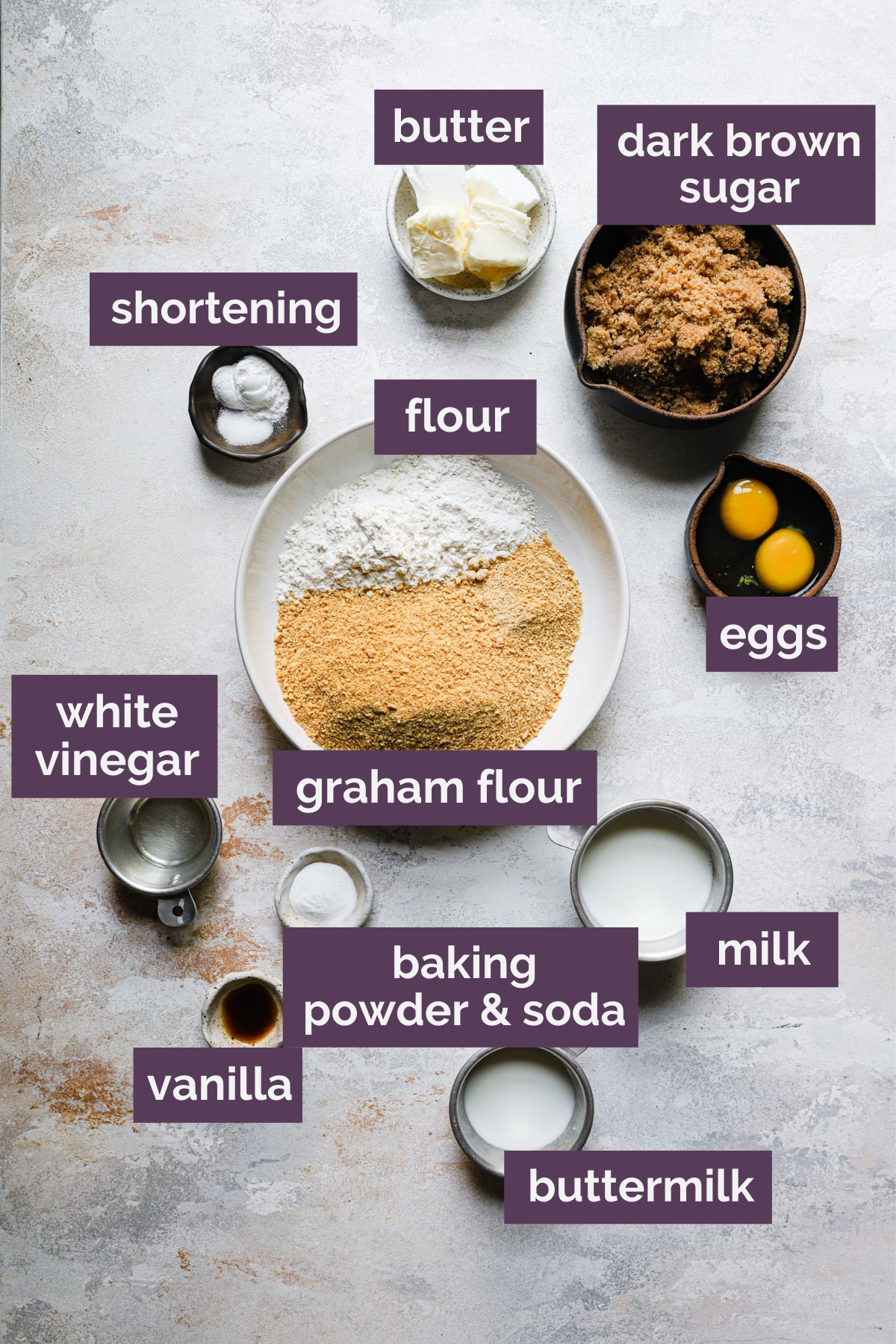 Ingredients for s'mores whoopie pies prepped and labeled.