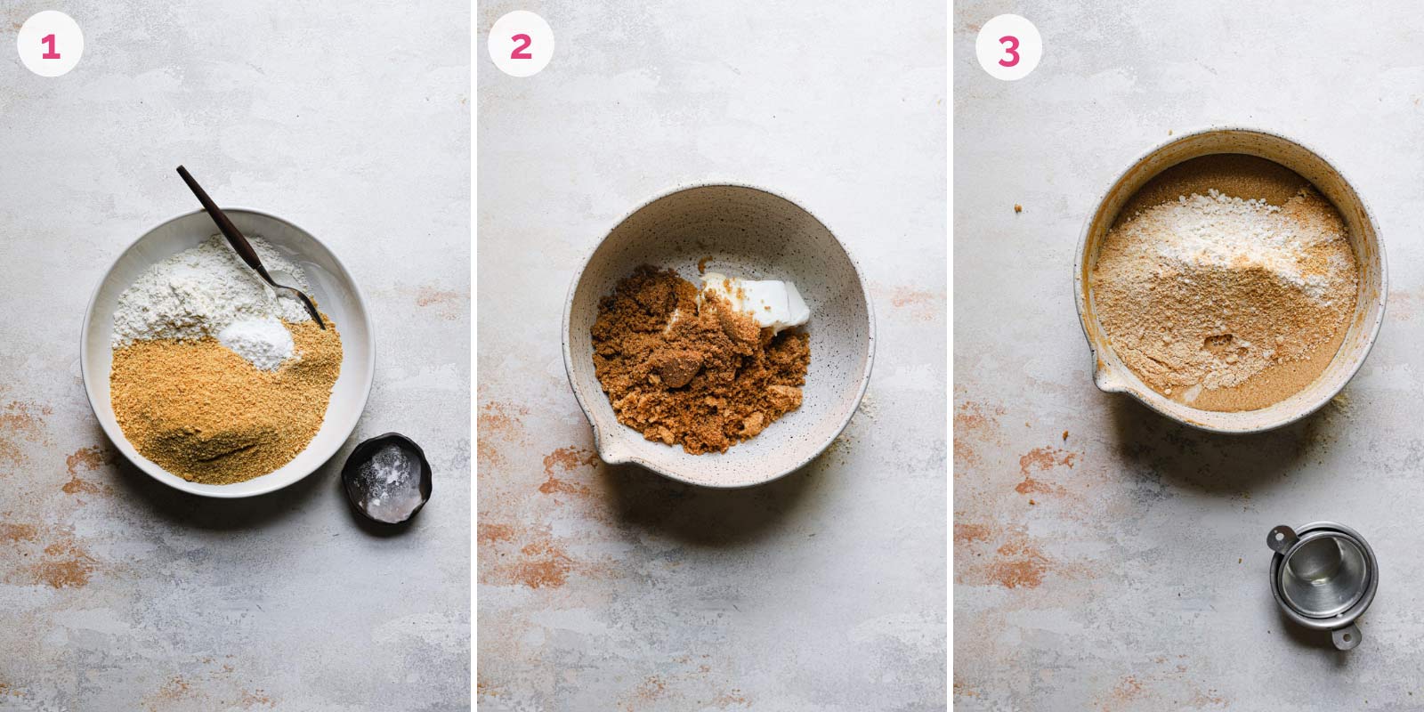 Three separate images of mixing together dough for graham whoopie cookies.