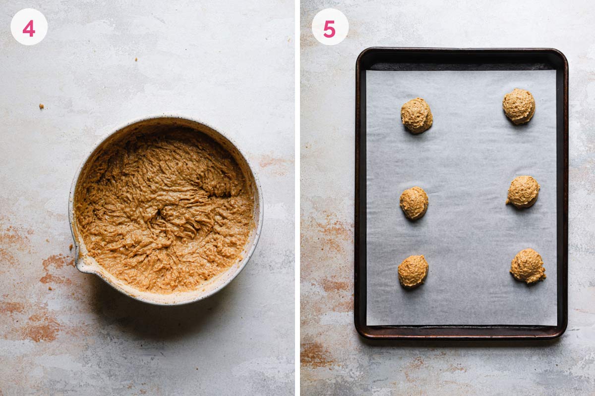 A bowl of graham whoopie batter and baking pan with scoops of dough prior to baking.