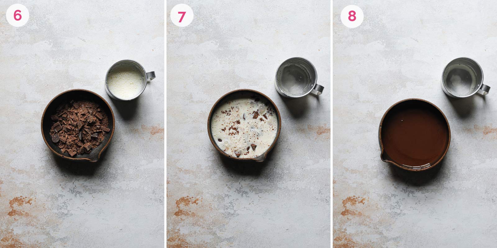Three step by step photos of chocolate ganache being made in small mixing bowl.