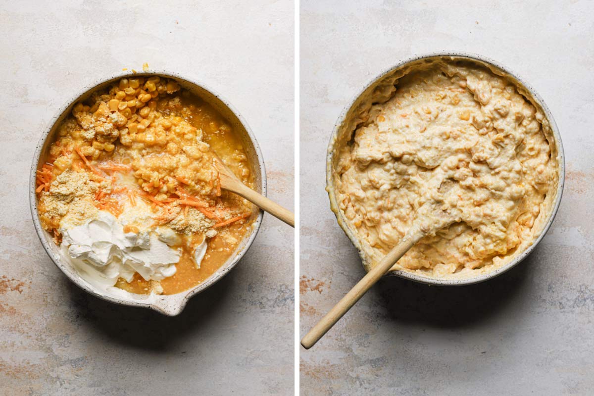 an overhead of the step-by-step instructions for prepaing this creamed corn casserole recipe