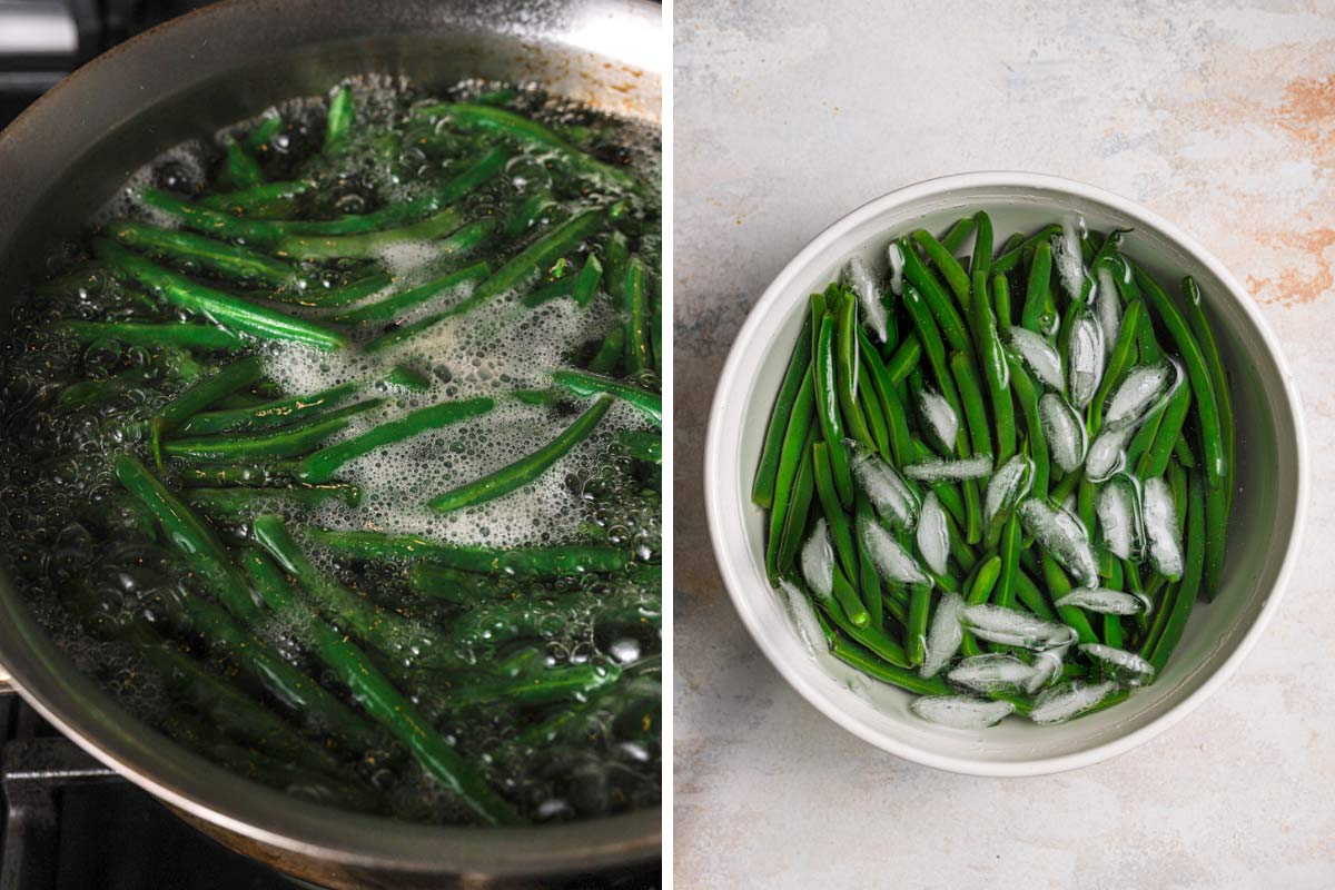 Side-by-side photo: Greens beans boiling and then in an ice water bath.