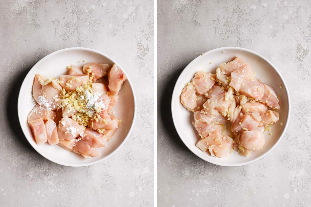 Chicken cubed and tossed with cornstarch, sherry and ginger.