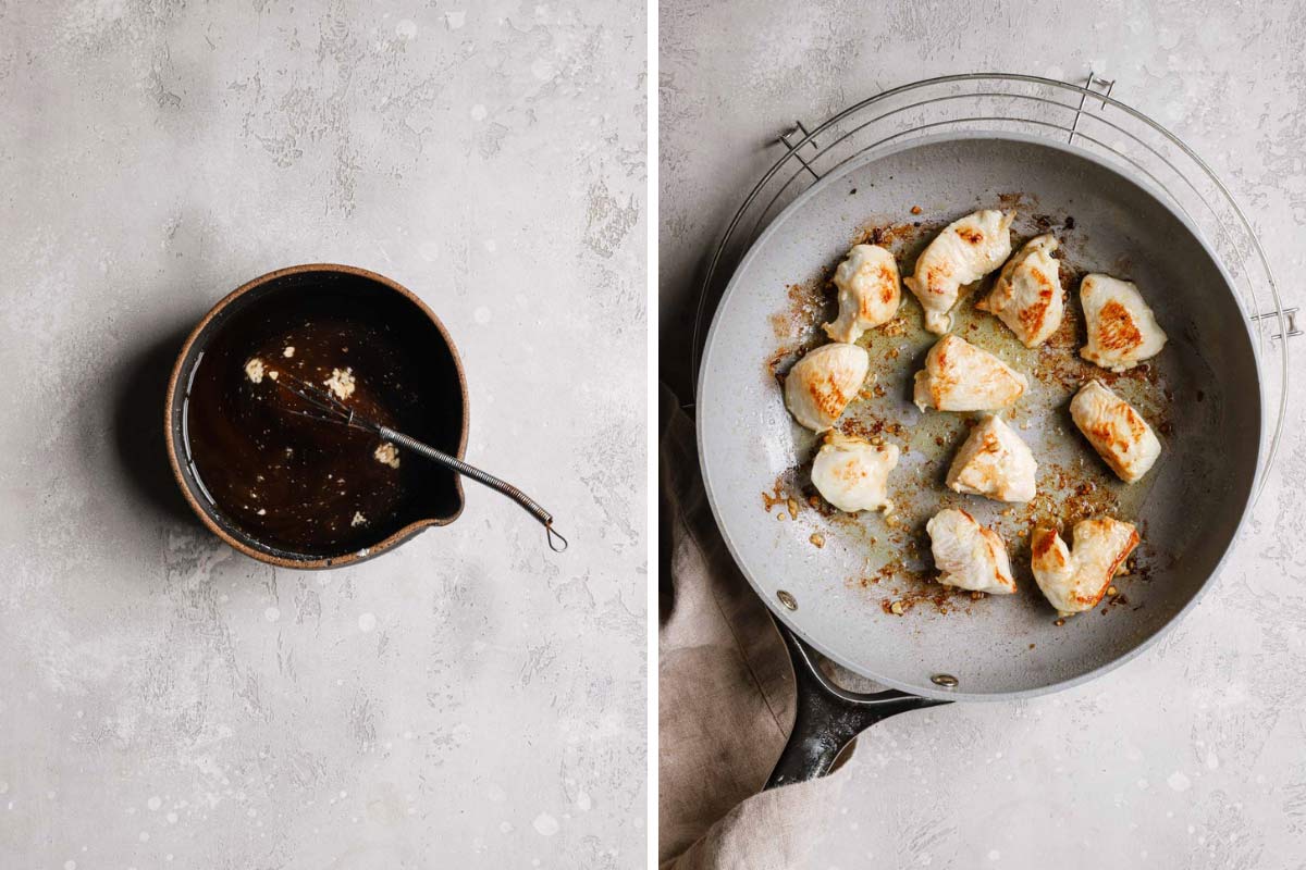 Side-by-side photos of cashew chicken garlic sauce and stir-fried chicken.