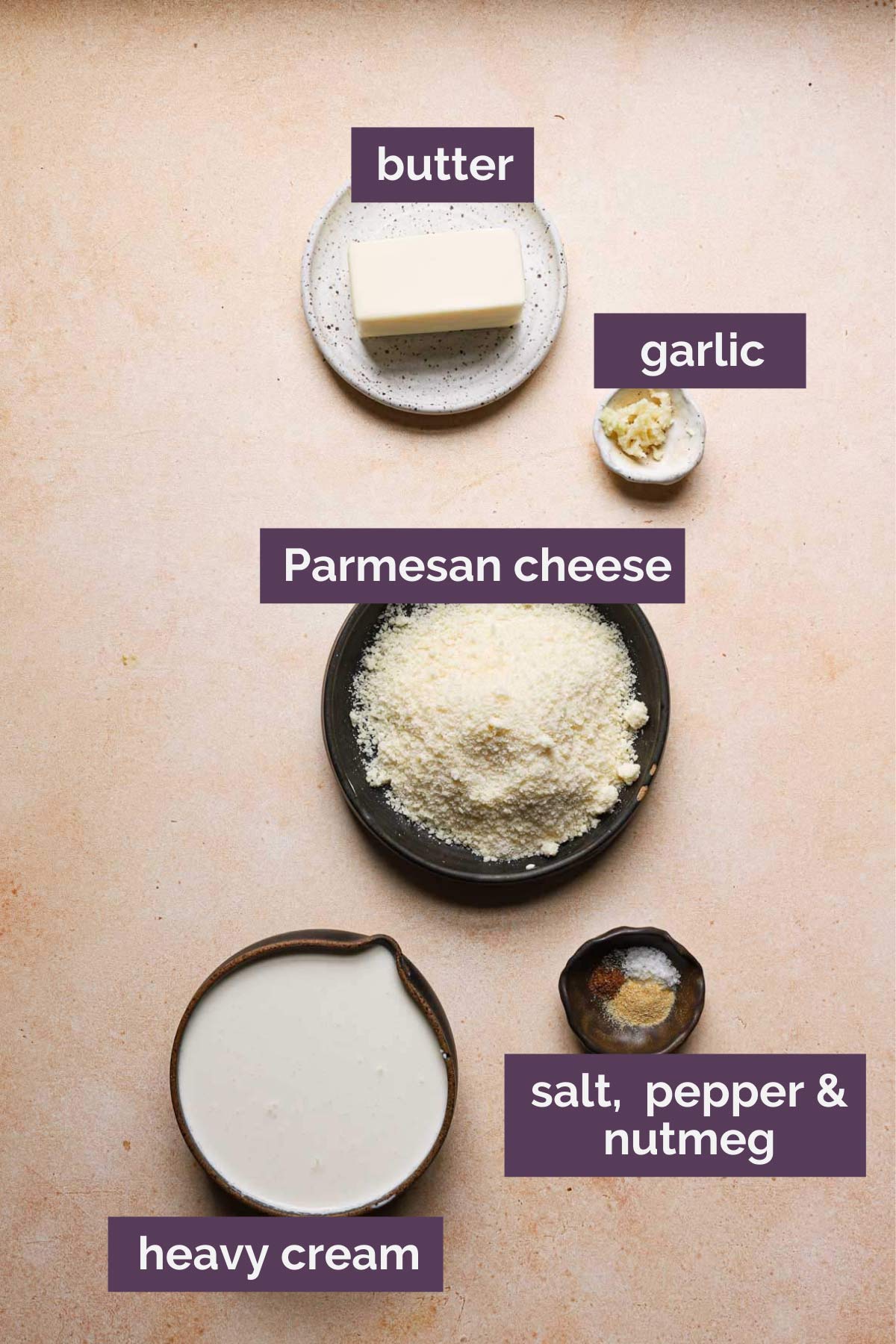 Ingredients for garlic Alfredo sauce prepped and labeled.