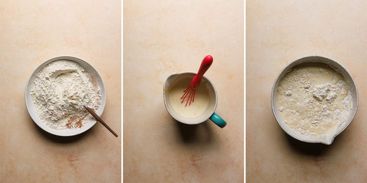 Photo collage of mixing together Belgian waffle batter.