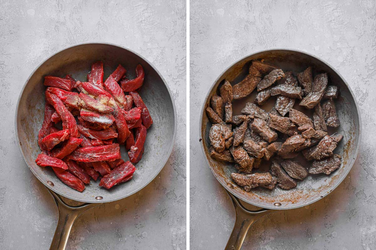 Steak being stir-fried in a skillet.
