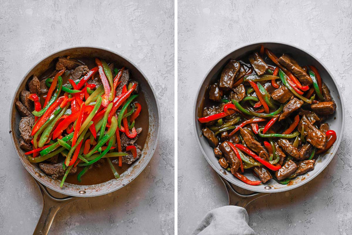 Beef and peppers combined in skillet with stir fry sauce.