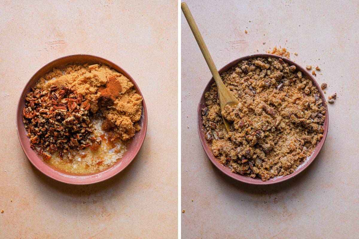Mixing together the filling and topping ingredients for coffee cake.