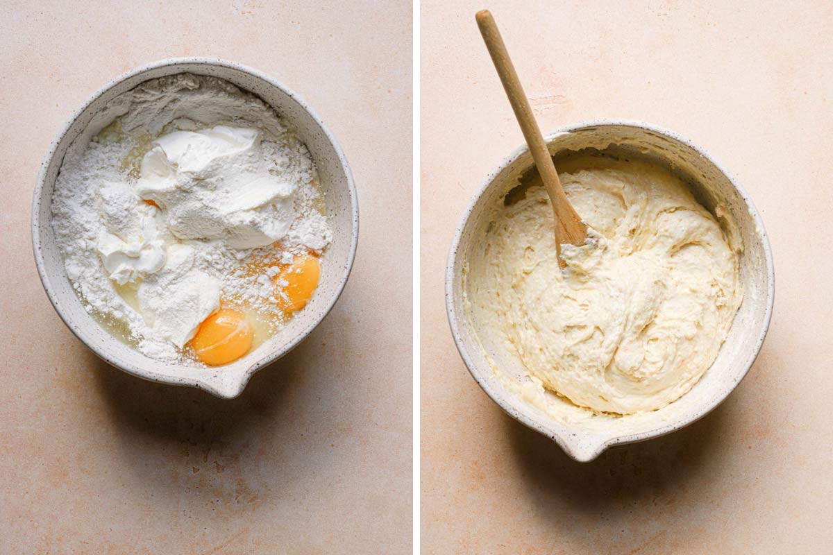 Mixing together coffee cake batter in a white bowl.