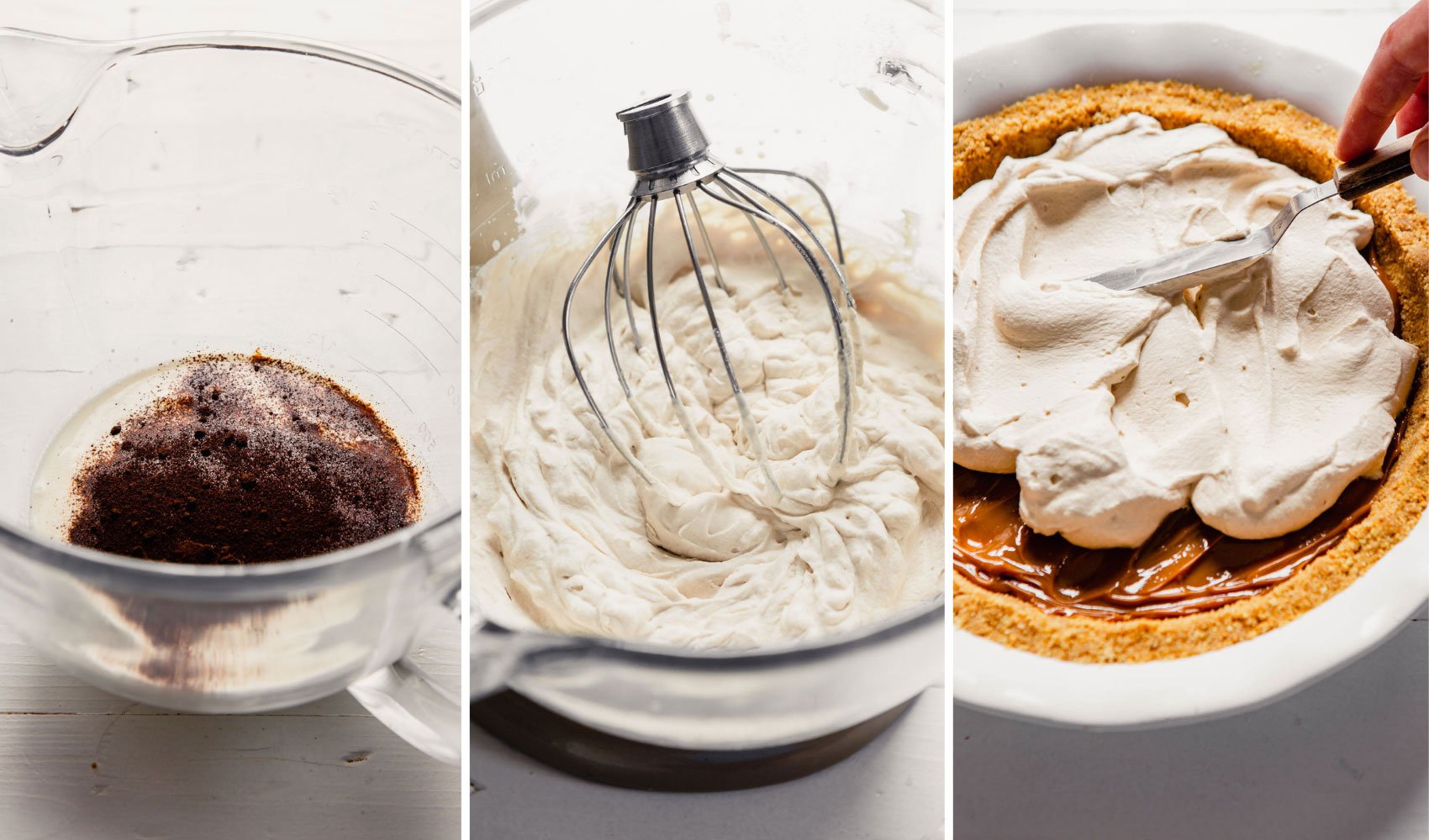 Coffee whipped cream being mixed, then spread on top of banoffee pie.