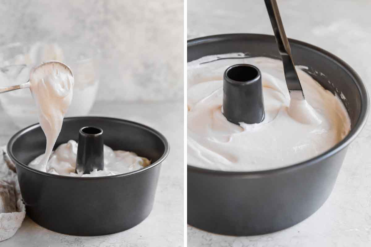 Angel food cake batter being spooned into pan and a butter knife run through it.