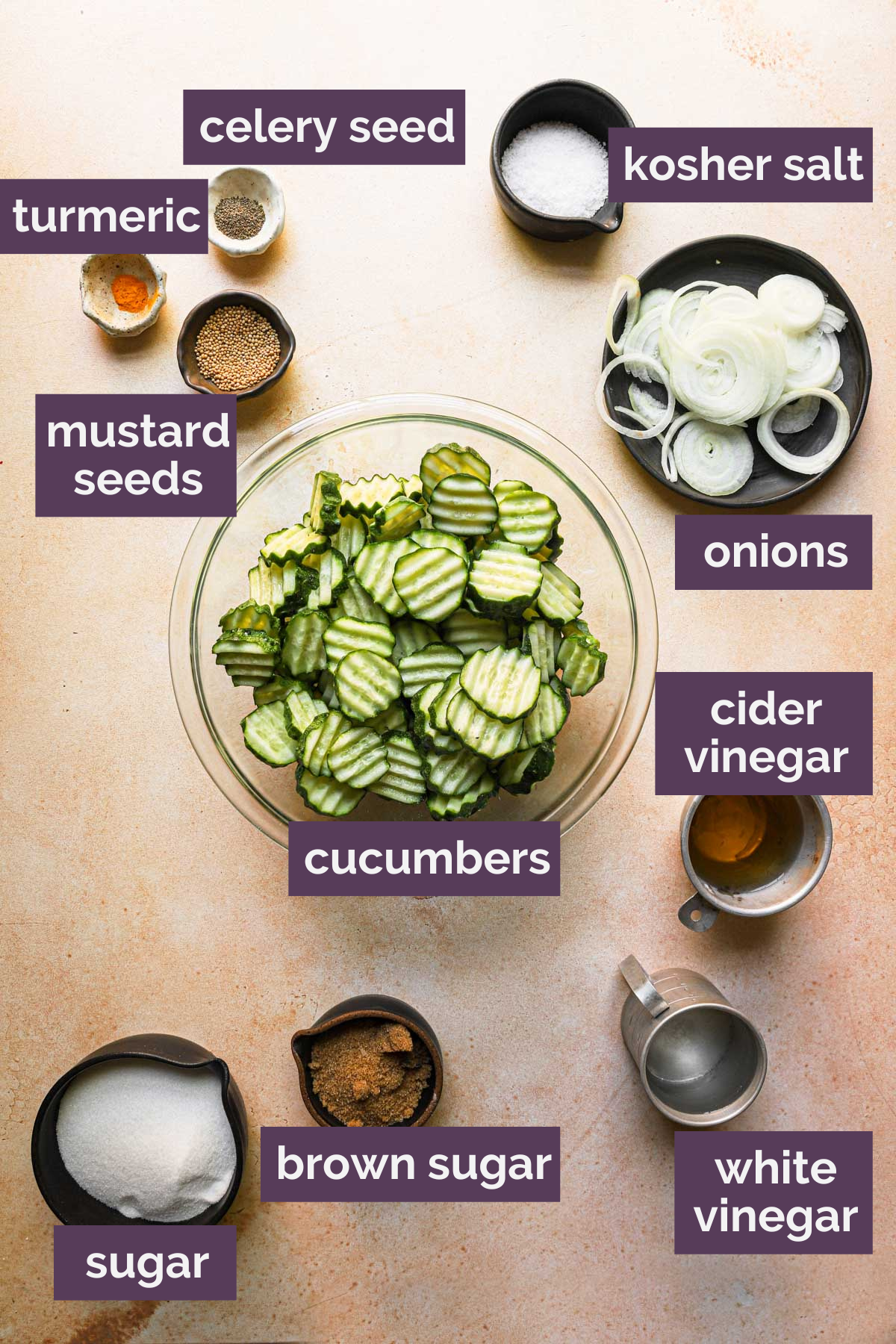 Ingredients for bread and butter pickles prepped and labeled.