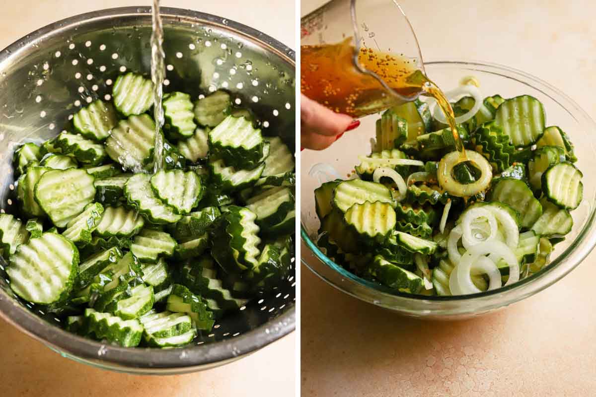 Side by side photos of cucumber slices being rinsed and pickling brine being poured over cucumber slices and onions.