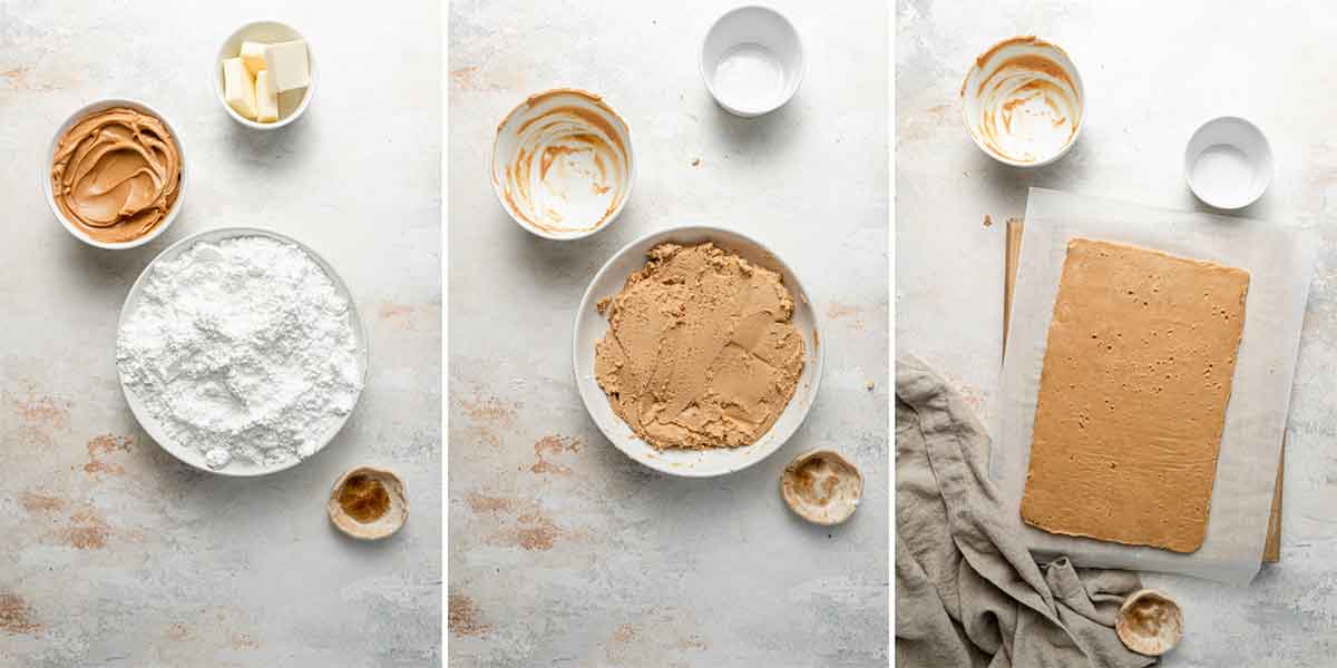 Process photos showing mixing together peanut butter filling and pressing and rolling into rectangle.